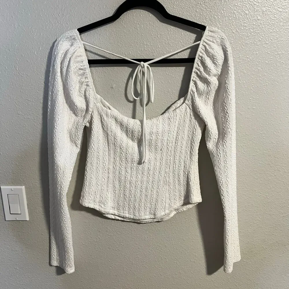 Free People Brittany White Ribbed Puff Sleeve Top Long Sleeve Size M